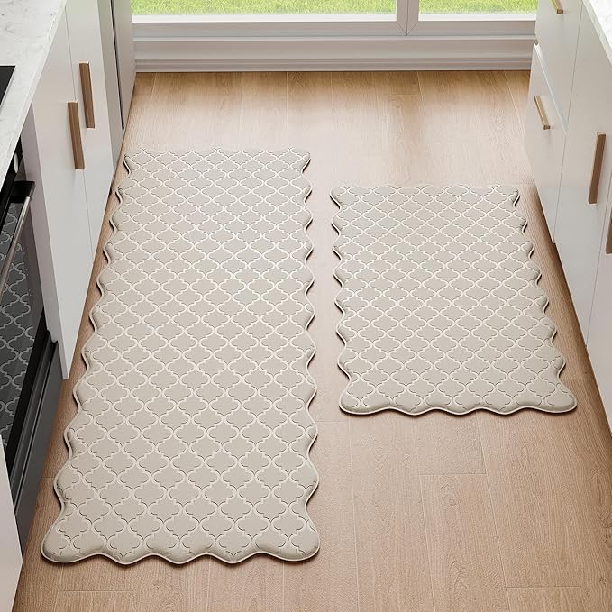 Upgrade Scalloped Embossed Kitchen Mats for Floor 2PCS Cushioned Anti Fatigue Waterproof Foam Kitchen Rugs Non Slip Washable Comfort Standing Mat for Sink Laundry,17.3"x30"+17.3"x59",Khaki