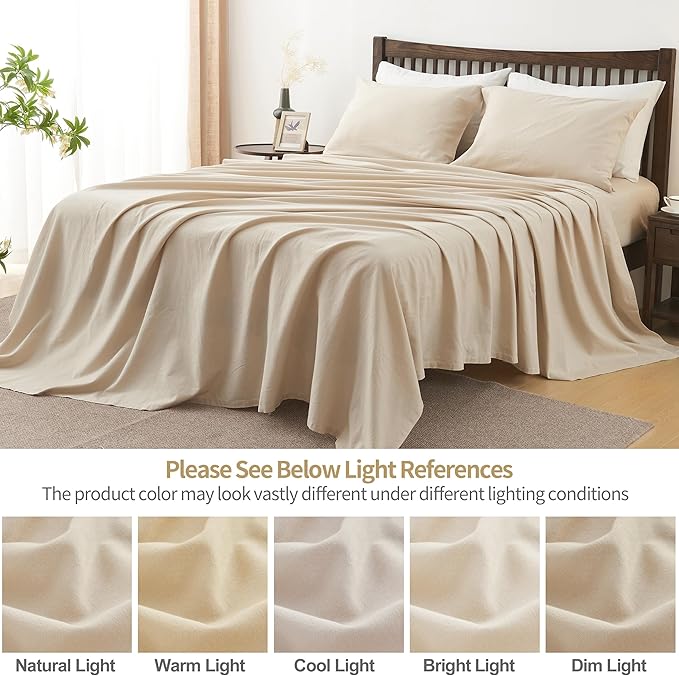 Simple&Opulence Belgian Linen Sheet Set Solid Color - 4 Pieces (1 Flat Sheet, 1 Fitted Sheet & 2 Pillowcases) Natural Flax Cotton Blend Soft Breathable Farmhouse Bedding - King Size, Linen/Beige