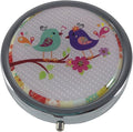 Purple Little Birdies Silver Pill Box – Round 3-Compartment Metal Pill Organizer, Compact 2-Inch Travel Pill Case for Purse or Pocket