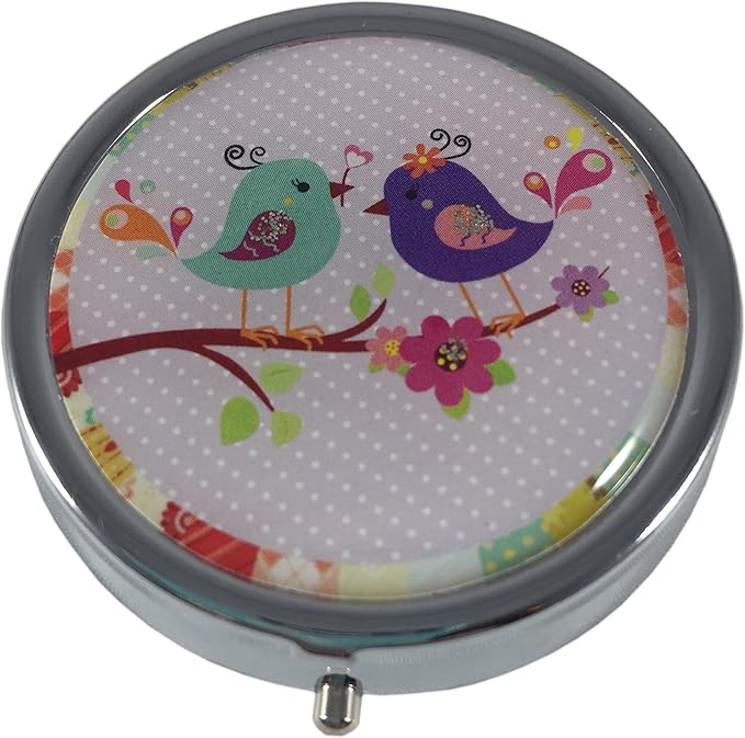 Purple Little Birdies Silver Pill Box – Round 3-Compartment Metal Pill Organizer, Compact 2-Inch Travel Pill Case for Purse or Pocket