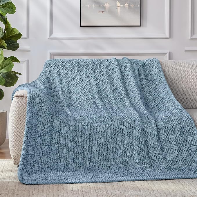 Knitted Weighted Blanket for Adult, Chunky Knit Weighted Throw for Sleep 60"*80" 12lbs, Cooling Breathable Machine Washable Heavy Blanket for Room Decor (HazeBlue, Queen)