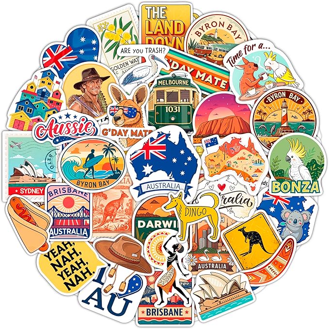 100Pcs Australia Stickers for Luggage, Water Bottle - Australian Stickers and Decals- Australia Party Supplies - Gift for Women & Men