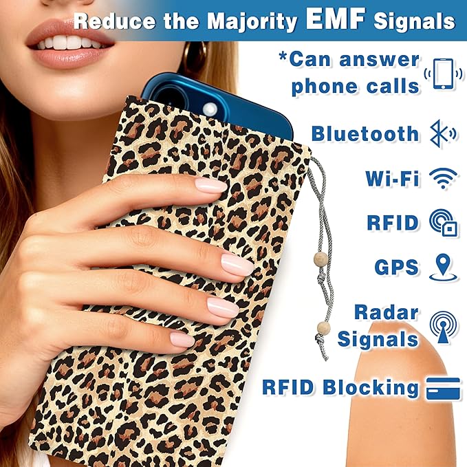 EMF Shield Sleeve for Cell Phone Reduce Signal Anti-EMP Pouch Against Radiation, EMF, 5G, RFID Blocking 4x8 Inch Leopard Phone Sleeve Bags
