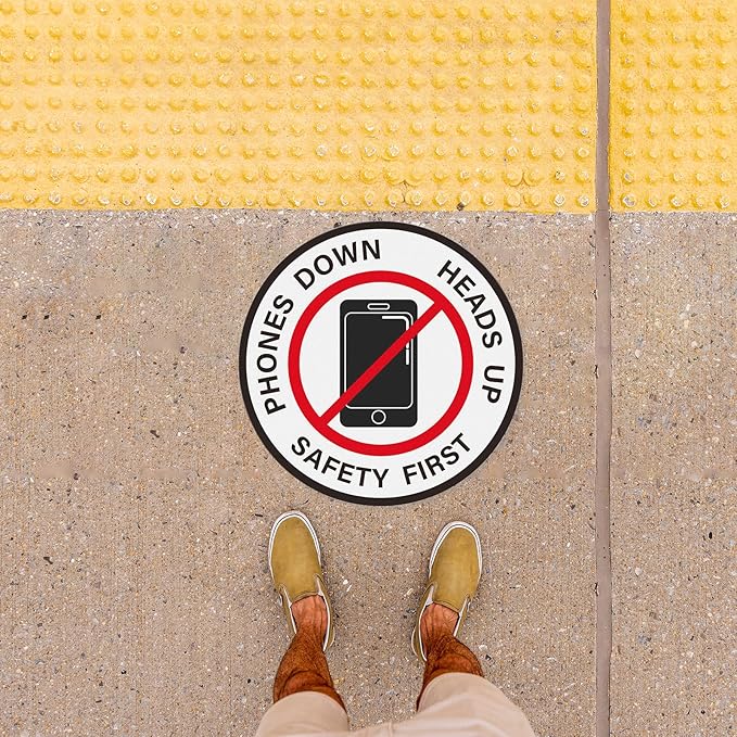 Phones Down Heads Up Stickers Vinyl 12 Inch Self-Adhesive Safety First Sign Waterproof Floor Decals for Office Warehouse 10 PCS