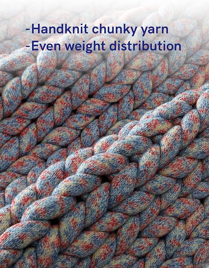 YnM Weighted Blanket, Handmade Chunky Knitted Design, Soft and Cozy, Temperature Regulating and Breathable, Machine Washable Throw for Sleep or Home Decor (Red Blue Fancy Yarn, 50x60 Inch, 10lbs)