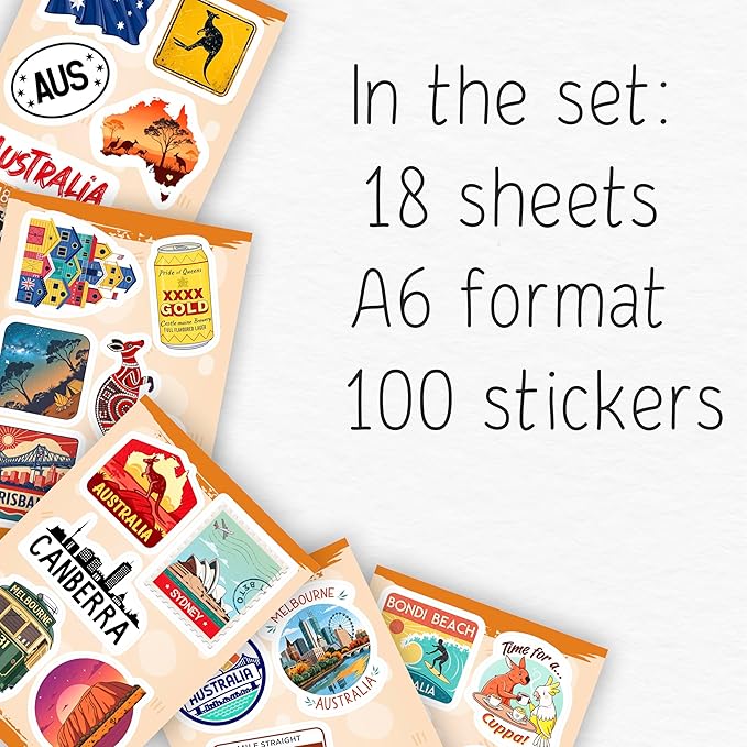 100Pcs Australia Stickers for Luggage, Water Bottle - Australian Stickers and Decals- Australia Party Supplies - Gift for Women & Men