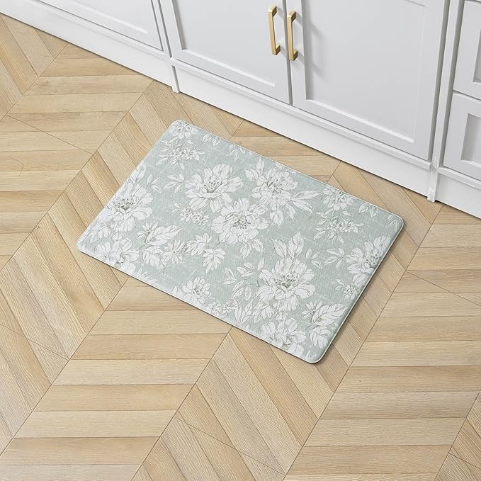 Laura Ashley - Anti-Fatigue Kitchen Mat, Iris Floral Design, Stain, Water & Fade Resistant, Cooking & Standing Relief, Non-Slip Backing, Measures 17.5" x 32", Sage Green Iris