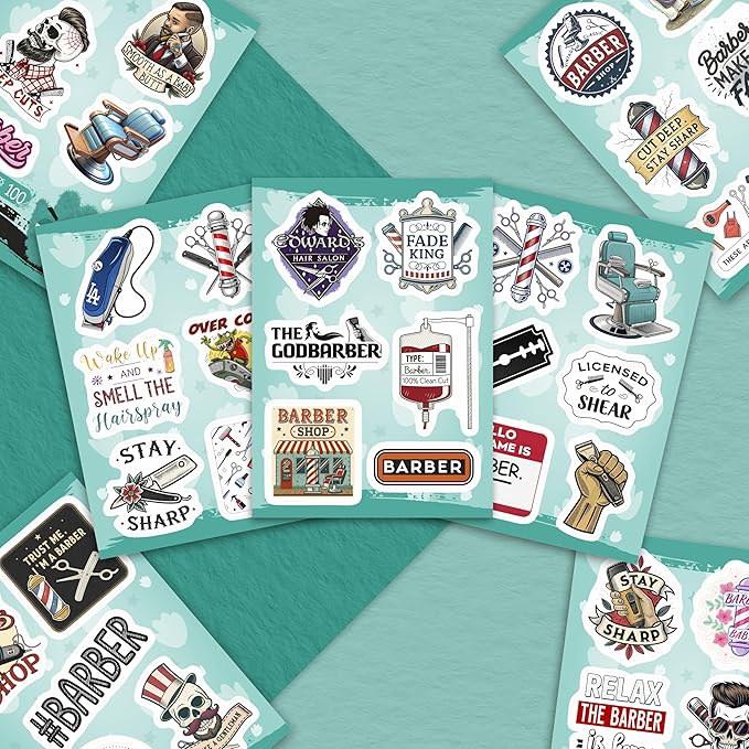 100Pcs Barber Stickers and Decals for Water Bottle, Laptop - Barbershop Stickers - Barber Gifts for Men, Party Supplies - Gift for Women & Men