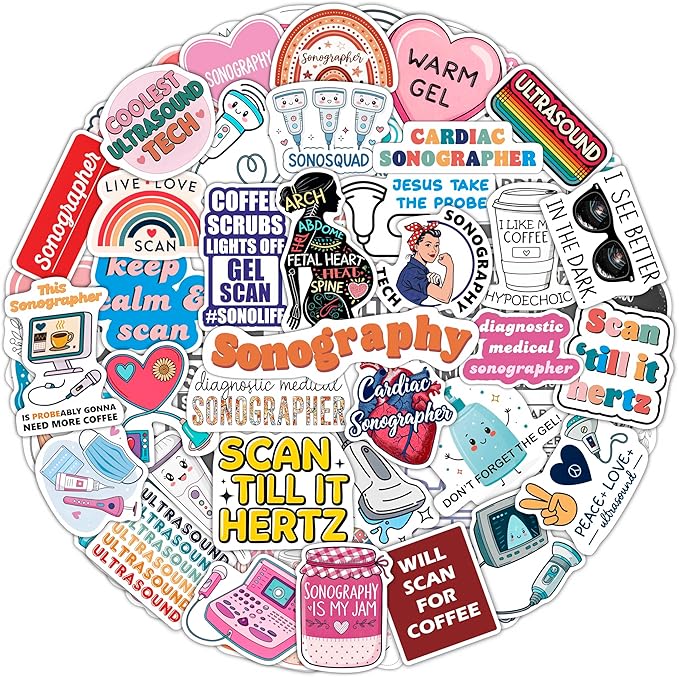 100Pcs Sonography Stickers for Water Bottle, Laptop - Ultrasound Stickers - Sonography Gifts for Sonographer, Party Decorations - Gift for Women & Men