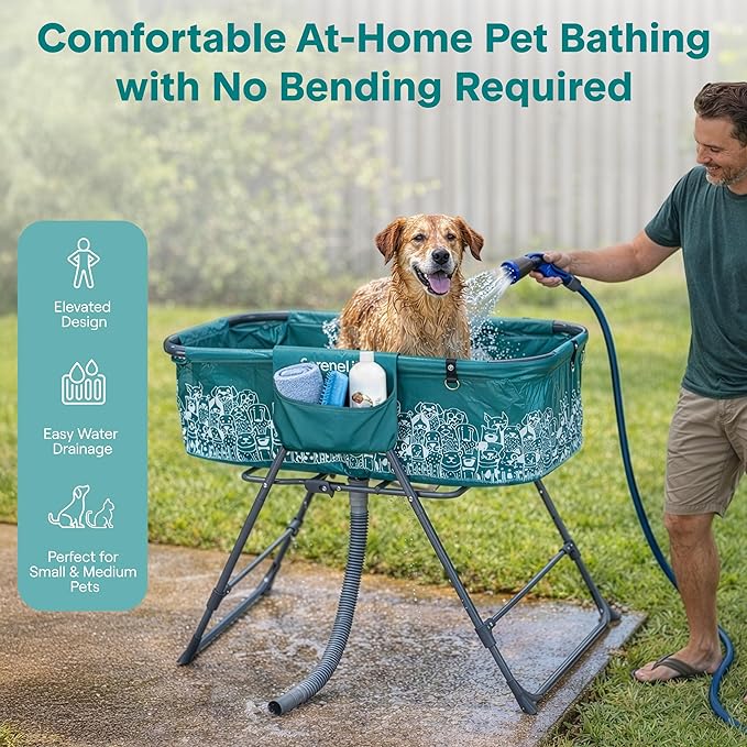 SereneLife Foldable Dog Bath Tub with Adjustable Height, 360° Access, Drain Hose & Storage Pockets – 130 lb Capacity Grooming Station for Indoor/Outdoor Use (Blue)