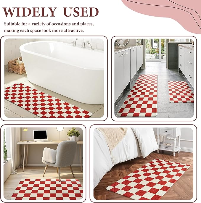Beige Red Checkered Grid Checkerboard Kitchen Rug Sets [2 PCs], Anti-Fatigue, Waterproof Non-Slip Kitchen Mats Heavy Duty Comfort Foam Rug for Kitchen, Floor, Home, Laundry,17"x29"+17"x47"