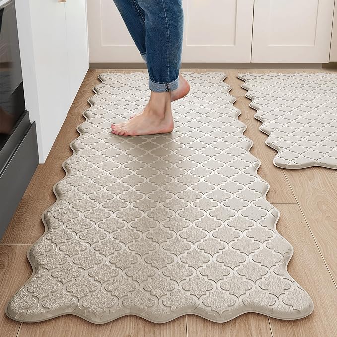 Upgrade Scalloped Embossed Kitchen Mats for Floor 2PCS Cushioned Anti Fatigue Waterproof Foam Kitchen Rugs Non Slip Washable Comfort Standing Mat for Sink Laundry,17.3"x30"+17.3"x59",Khaki