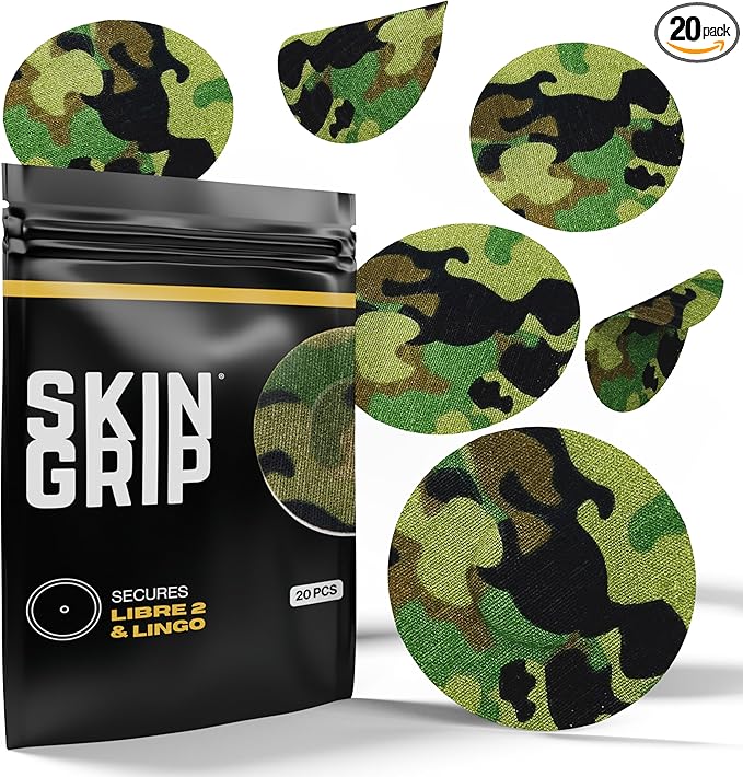 Skin Grip Freestyle Libre 2 Sensor Covers & Lingo CGM – Waterproof and Sweatproof Adhesive for 10-15 Days, Pre-Cut Medical Tape, Continuous Glucose Monitor Patch – 20 Pack, Camo