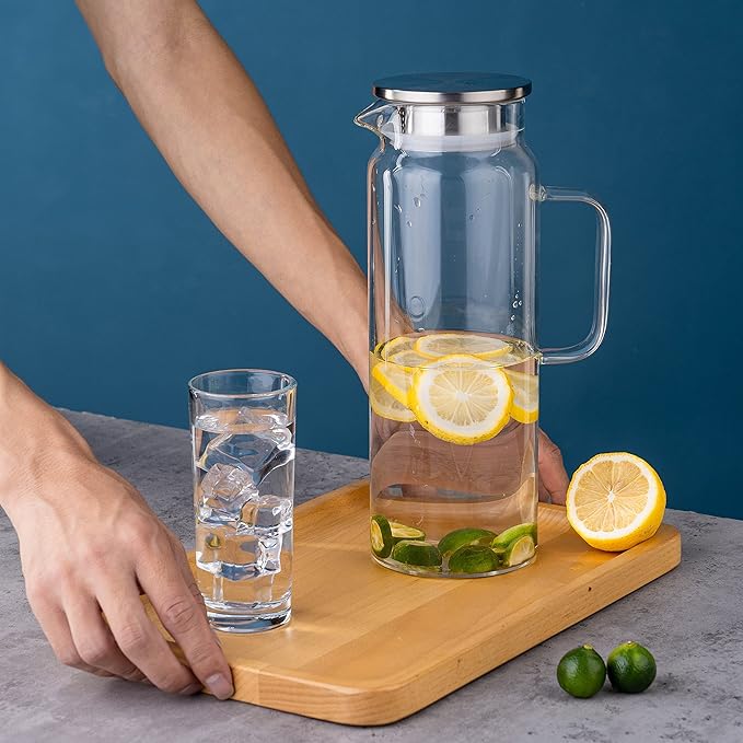 Set of 2 Glass Pitcher with Lid,2 Quart (64 oz / 1.9 Liter) Leak Proof,Glass Water Jugs, BPA-Free,Microwave & Dishwasher Safe Pitcher,Sun & Iced Tea, Sangria,Cold Brew Coffee & More