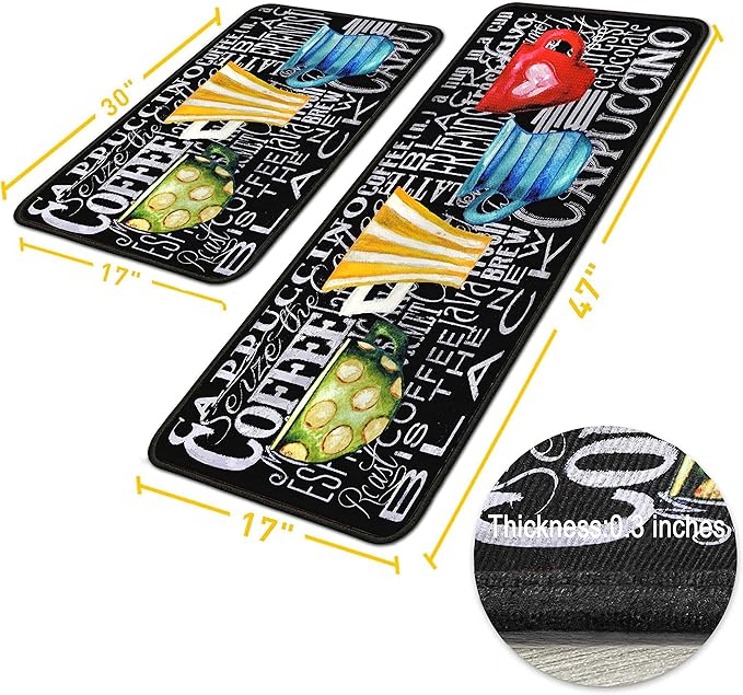 Coffee Kitchen Rugs 2 Piece Set for Floor Mat, Non Skid Washable Absorbent Microfiber Coffee Kitchen Mat for in Front of Sink for Standing for Home Coffe Kitchen Decor 17"X30"+17"X47"