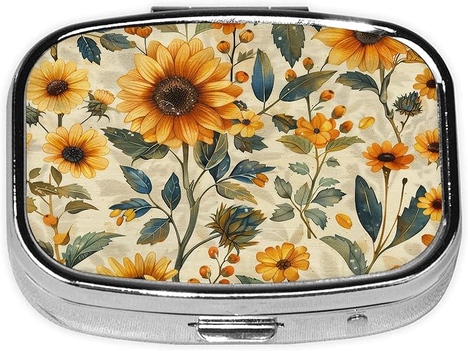Pill Box-2 Compartment Small Pill Case Square Organizer Case with Mirror Portable Metal Medicine Box Travel Container for Pocket & Purse Women Men（Vintage Sunflower）