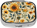 Pill Box-2 Compartment Small Pill Case Square Organizer Case with Mirror Portable Metal Medicine Box Travel Container for Pocket & Purse Women Men（Vintage Sunflower）
