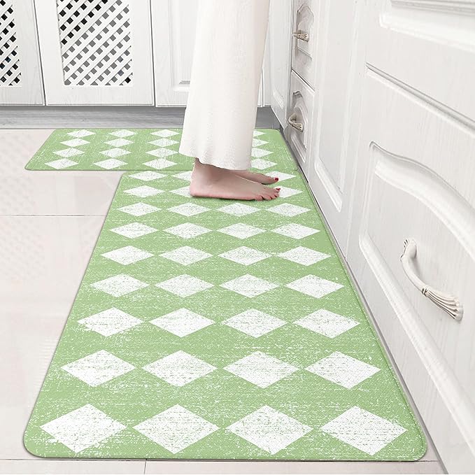 Moroccan Trellis Fresh Green Checkered Kitchen Rug Sets [2 PCs], Anti-Fatigue, Waterproof Non-Slip Kitchen Mats Heavy Duty Ergonomic Comfort Foam Rug for Floor, Home, Laundry,17"x29"+17"x47"
