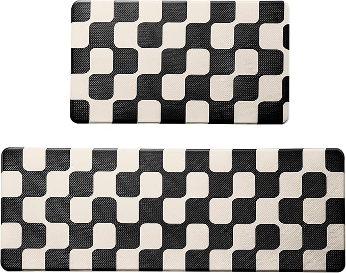 Black Beige Retro Curvy Checkered Grid Checkerboard Kitchen Rug Sets [2 PCs], Anti-Fatigue, Waterproof Non-Slip Kitchen Mats Heavy Duty Comfort Foam Rug for Floor, Home, Laundry,17"x29"+17"x47"
