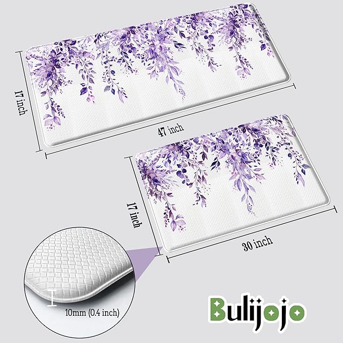 Bulijojo Purple Leaves Anti Fatigue Kitchen Floor Mats Set of 2 Waterproof Kitchen Sink Runner Rug Standing Mat Cushioned Kitchen Rugs Comfort Doormat 17"x47"+17" x30“
