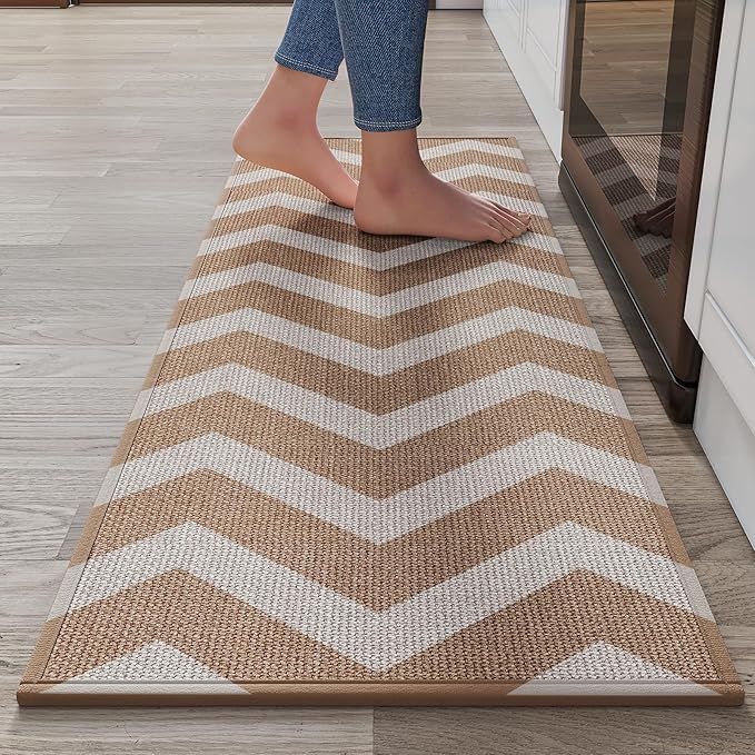Kitchen Rugs Non Slip Washable Kitchen Mats for Floor, Super Absorbent Oil and Water Linen-Look Woven Runner Rug, Kitchen Sink Mat Standing Mat, Brown 17"x47"
