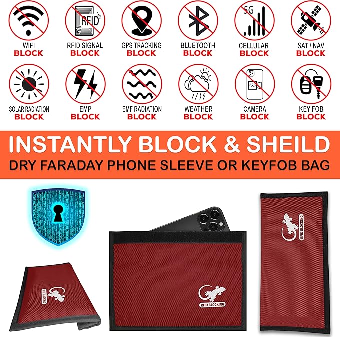 Gecko Travel Tech Faraday Bag, Anti-Tracking GPS RFID Car Key Signal Blocker Wallet Shielding Pouch Protective Case for Cell Phone Car Key FOB, Data Privacy, Electronic Device Security (RED - NYLON)