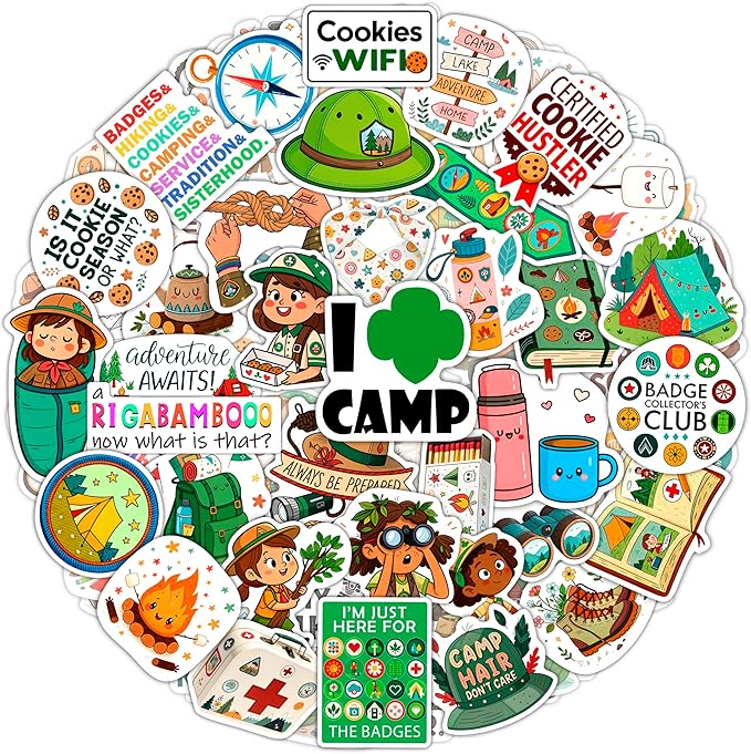 100Pcs Camping Girl Stickers for Water Bottle, Laptop - Cookie Dealer Stickers - Camping Party Supplies & Gifts for Girl - Outdor Adventure Decals - Gift for Women & Men
