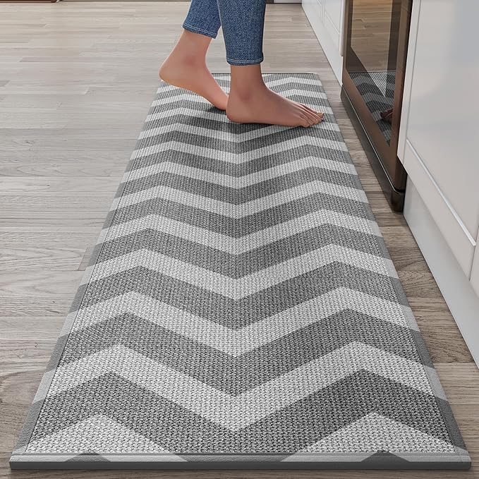 Kitchen Runner Rugs Non Slip Washable, Super Absorbent Long Kitchen Mats for Floor, Linen-Look Woven Long Sink Mat Standing Floor Mat, Easy Clean, Gray 17"x59"