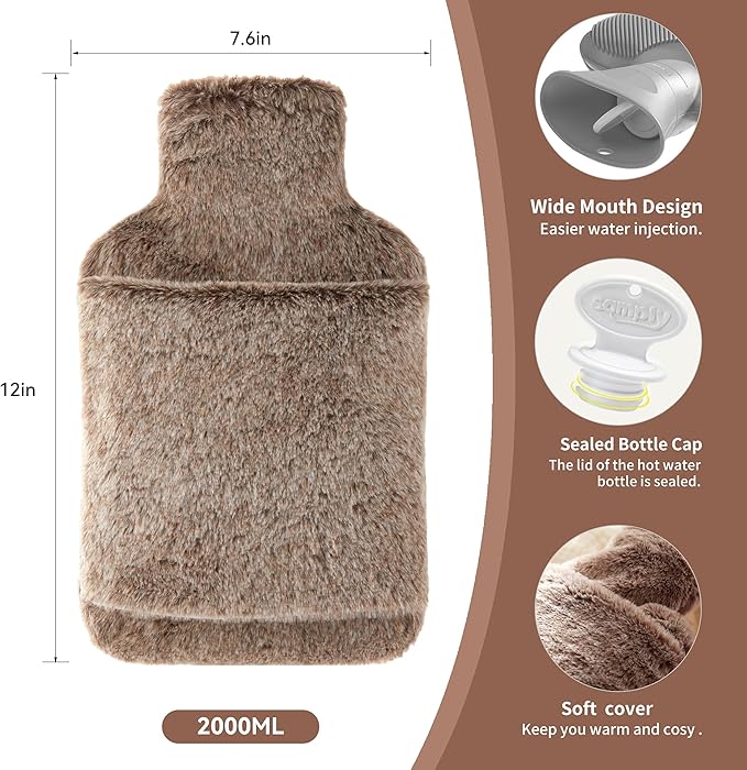 samply Hot Water Bottle with Cover - 2L Hot Water Bag with Hand Pocket, for Hand Feet Warmer, Khaki