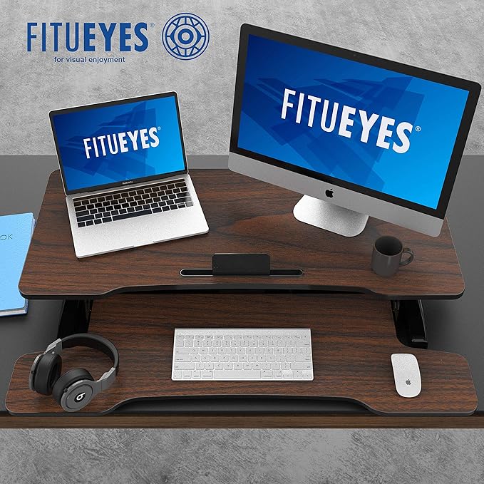 FITUEYES Height Adjustable Standing Desk 36” Wide Sit to Stand Converter Stand Up Desk Tabletop Workstation for Dual Monitor Riser FSD309102WE