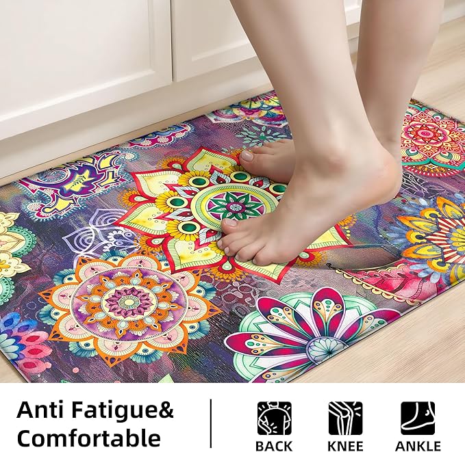 Boho Red Floral Kitchen Rugs Mats for Floor 2 Piece Memory Foam Padded Kitchen Mats Anti Fatigue Non Slip Cushioned Comfort Standing Mat, 17.3x28+17.3x47 Inch