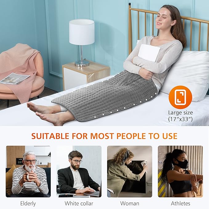Snailax Heating Pad & Foot Warmer with 6 Temperature Settings & Auto Shut Off, 17”x33”, Washable Fast Heated Pads for Back Pain Relief,Abdomen,Feet,Back,Cramp(Grey)