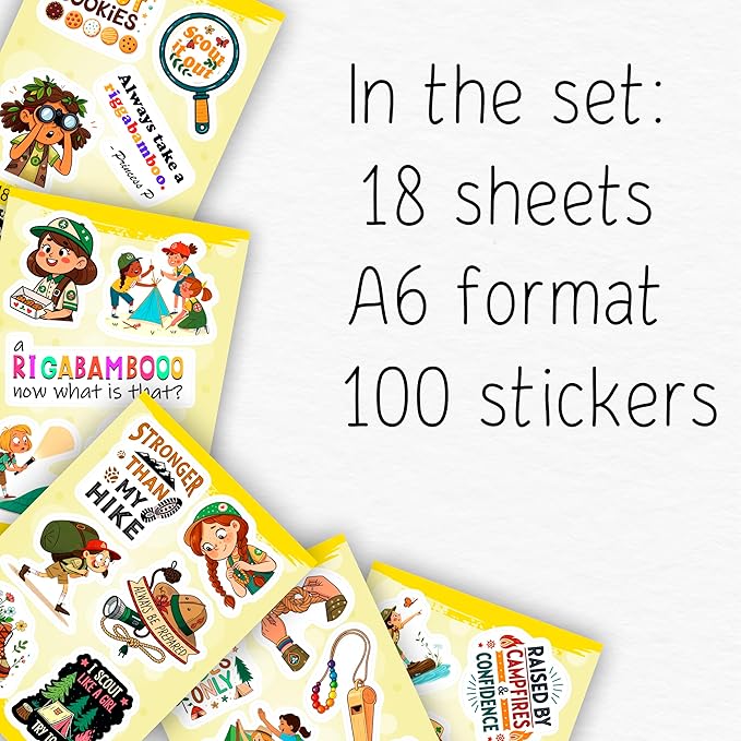 100Pcs Camping Girl Stickers for Water Bottle, Laptop - Cookie Dealer Stickers - Camping Party Supplies & Gifts for Girl - Outdor Adventure Decals - Gift for Women & Men