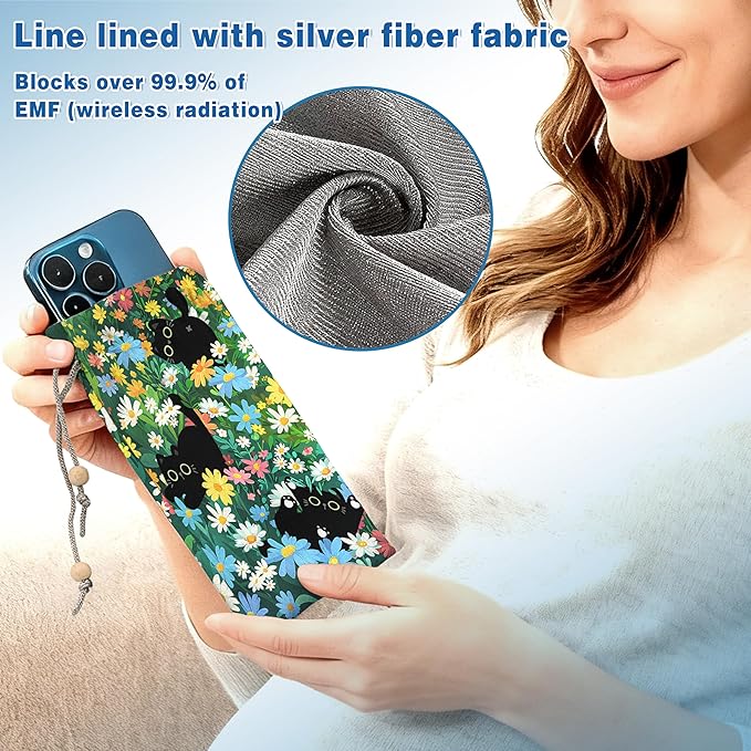 EMF Shield Sleeve for Cell Phone Reduce Signal Anti-EMP Pouch Against Radiation, EMF, 5G, RFID Blocking 4x8 Inch Black Cat Floral Phone Sleeve Bags