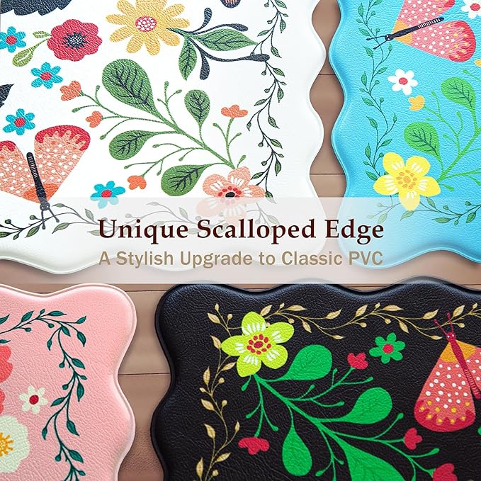 Scalloped Kitchen Mats for Floor Cushioned Anti Fatigue Kitchen Mats Rugs Waterproof Non Slip Farmhouse Boho Floral Comfort Foam Standing Mat for Sink Laundry, White, 17.3x47
