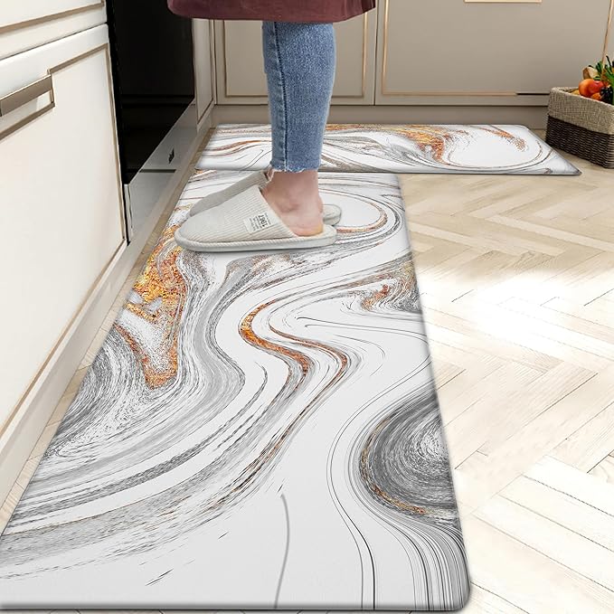 Kitchen Mats for Floor Anti Fatigue Floor White Marble Cushioned Memory Foam Non Slip PVC Leather Padded Comfort Standing Rugs Set of 2, 17.3x28+17.3x47 Inch, 0.4 Inch Thick