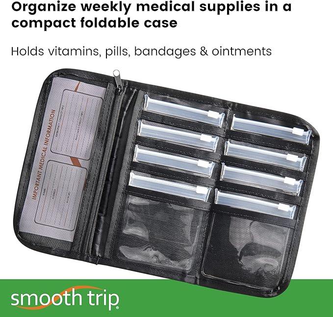 Smooth Trip Folding Pill Organizer - Slim Medicine Wallet and Foldable Pill Pouch Organizer with 8 Food Grade Zip-Close Pill Pouches for Home and Travel Medication Storage