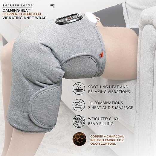 Calming Heat Knee Wrap by Sharper Image | Weighted Copper & Charcoal, Heating Pad, Auto Shut-Off Feature, Gift for Holidays, Women & Men | 2 Heat & 5 Vibrating Massage Settings, 30.3” x 16.5”