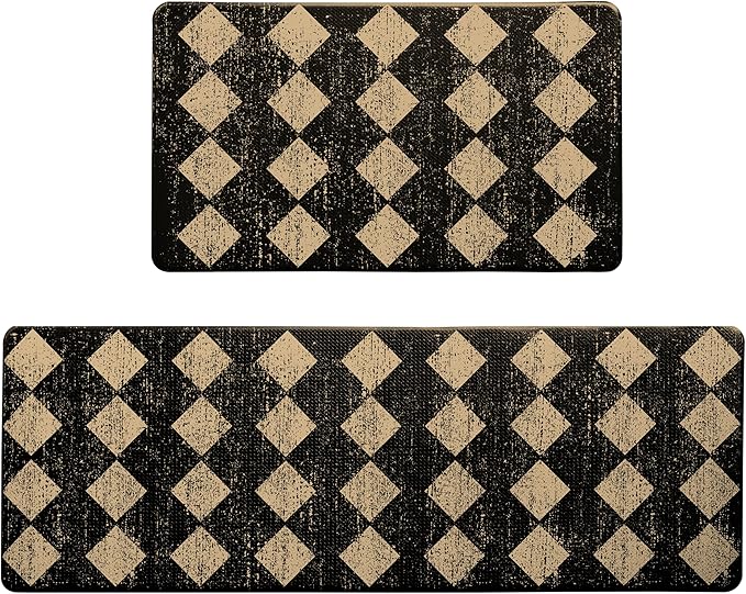Black Brown Moroccan Trellis Checkered Kitchen Rug Sets [2 PCs], Anti-Fatigue, Waterproof Non-Slip Kitchen Mats Heavy Duty Ergonomic Comfort Foam Rug for Floor, Home, Laundry,17"x29"+17"x47"