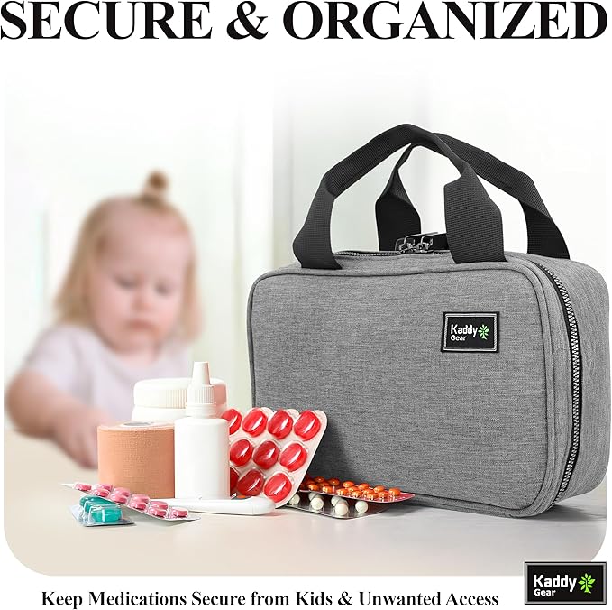 Kaddy Secure Pill Organizer Box, Storage for Bottles of Medicine or Supplements; Toiletry; Travel or Home, TSA Approved Lock(Grey)