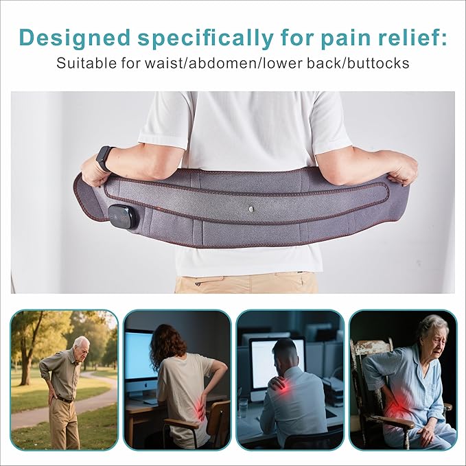 Lower Back Massager Waist Belt - Red Light Therapy, 3 Heating & Vibration Levels, Touchscreen Control, Adjustable Size, Multi-Use Heating Pad for Back/Stomach/Neck Pain Relief, Heated Back Brace