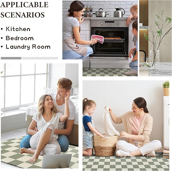 Beige Sage Checkered Grid Checkerboard Kitchen Rug Sets [2 PCs], Anti-Fatigue, Waterproof Non-Slip Kitchen Mats Heavy Duty Comfort Foam Rug for Kitchen, Floor, Laundry,17"x29"+17"x47"