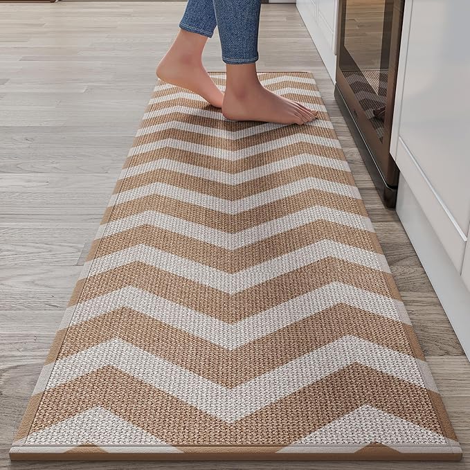Kitchen Runner Rugs Non Slip Washable, Super Absorbent Long Kitchen Mats for Floor, Linen-Look Woven Sink Mat Standing Floor Mat, Easy Clean, Brown 17"x59"