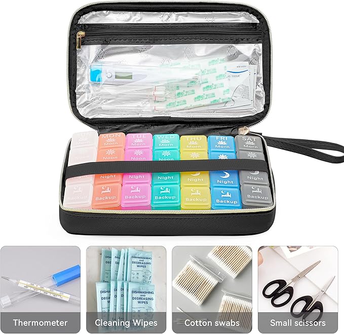 Restree Monthly Pill Organizer 28-Compartment Pill Case, 4 Times Daily Medication Container, Travel-Friendly Pill Box for Vitamins Supplements (Black)