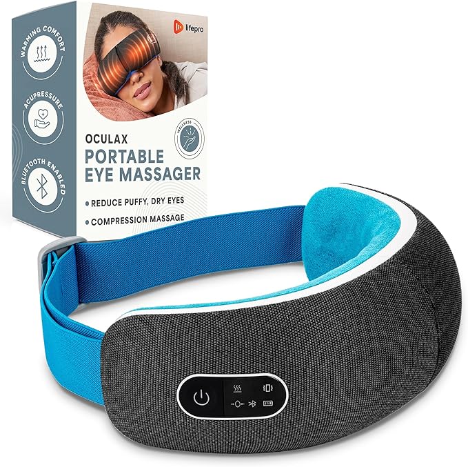 LifePro Portable Eye Massager with Heat and Vibration - Oculax 4 Soothing Modes for Compression Massage to Help Reduce Puffy and Dry Eyes-Rechargeable Heated Migraine Mask with Bluetooth Music