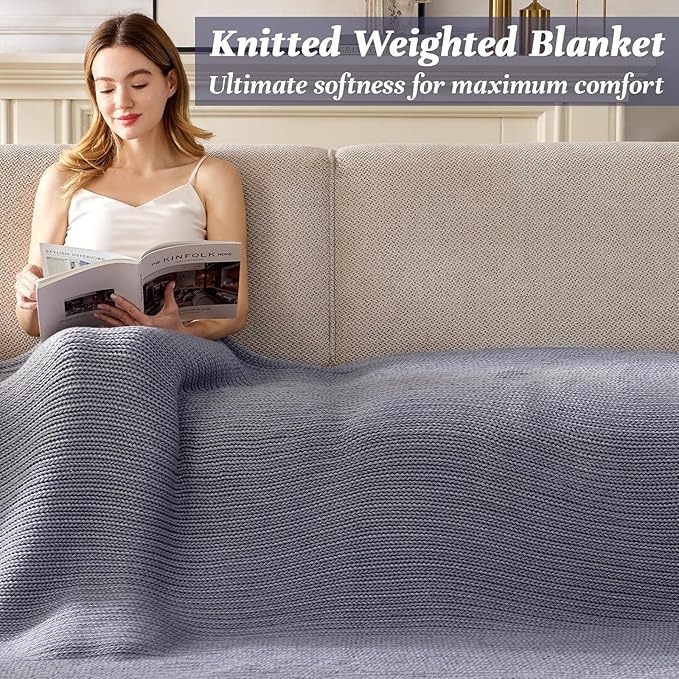 Guohaoi Knitted Weighted Blanket for Adults (Light Grey 50"x75" 20lbs) No Beads Cooling Throw Blanket for Hot Sleepers, Home Decor Breathable Chunky Knit Heavy Blanket Use on Full Size Bed