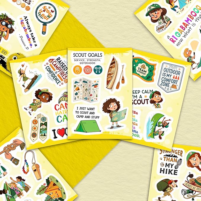 100Pcs Camping Girl Stickers for Water Bottle, Laptop - Cookie Dealer Stickers - Camping Party Supplies & Gifts for Girl - Outdor Adventure Decals - Gift for Women & Men
