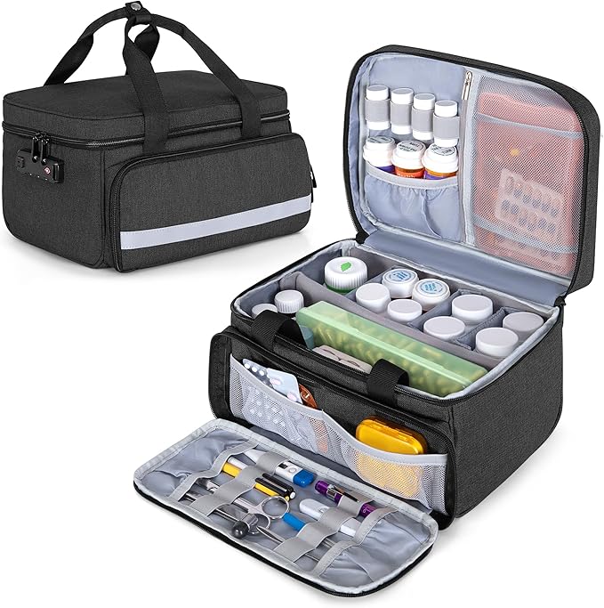 CURMIO Pill Bottle Organizer Storage, Medication Lock Box for Pill Organizer and Medical Supplies, Black (Patented Design)