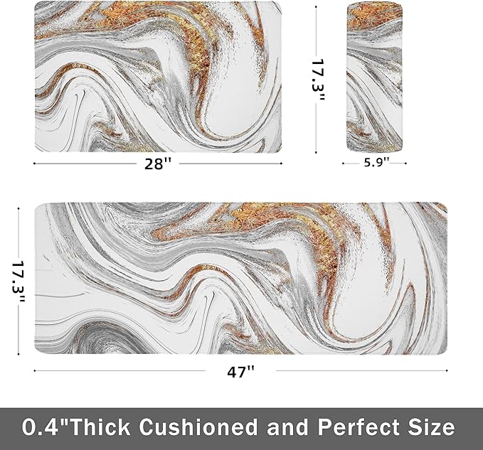 Kitchen Mats for Floor Anti Fatigue Floor White Marble Cushioned Memory Foam Non Slip PVC Leather Padded Comfort Standing Rugs Set of 2, 17.3x28+17.3x47 Inch, 0.4 Inch Thick
