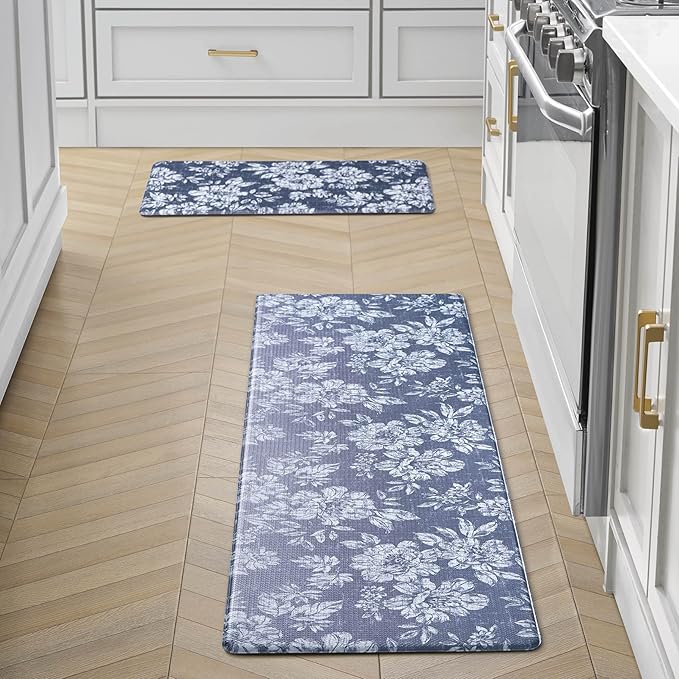 Laura Ashley - Anti-Fatigue Kitchen Mat, Iris Floral Design, Stain, Water & Fade Resistant, Cooking & Standing Relief, Non-Slip Backing, 2 Piece Set: 17.5" x 60" / 17.5" x 28" Navy Iris